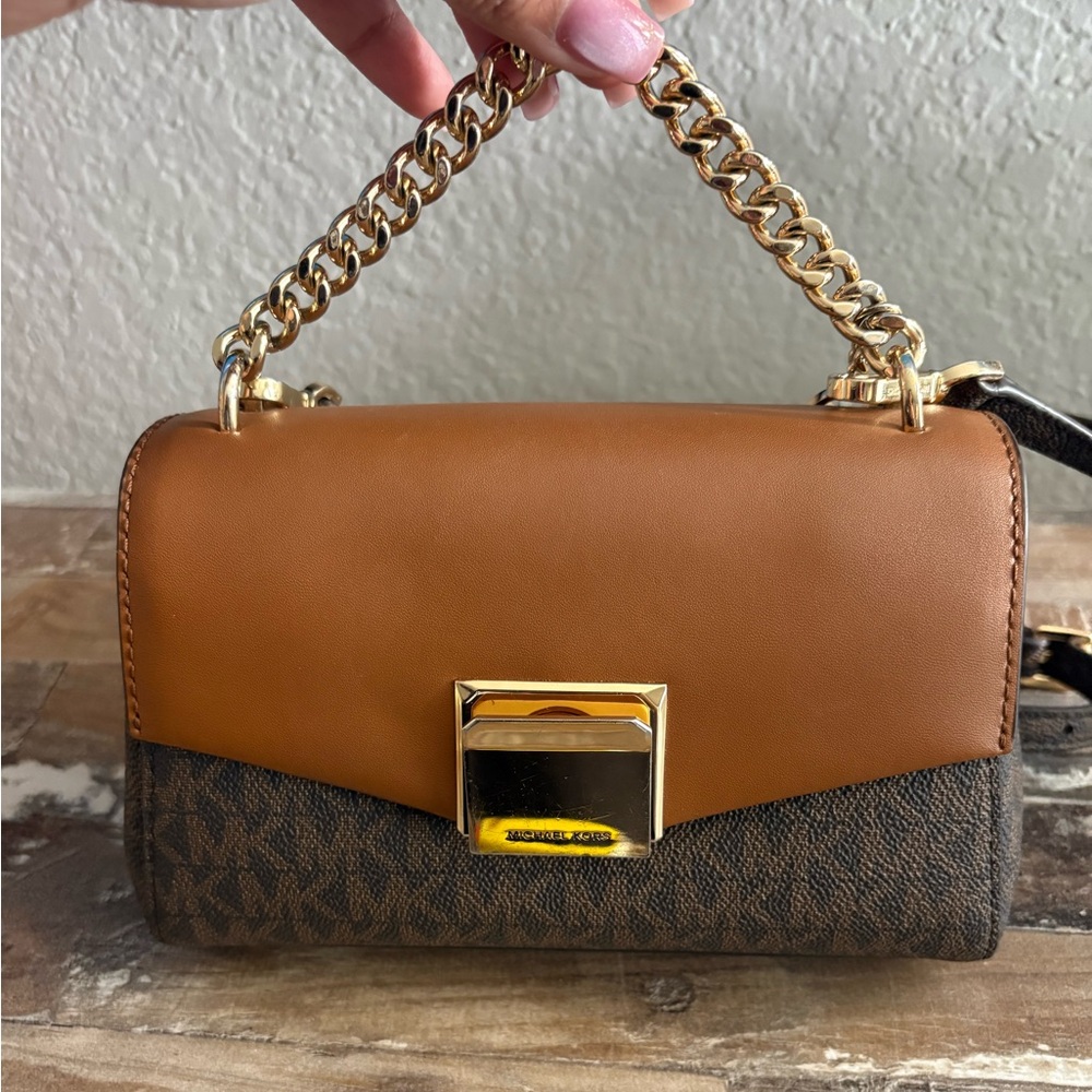 Michael Kors Brown Leather and Logo Chain Shoulder Bag